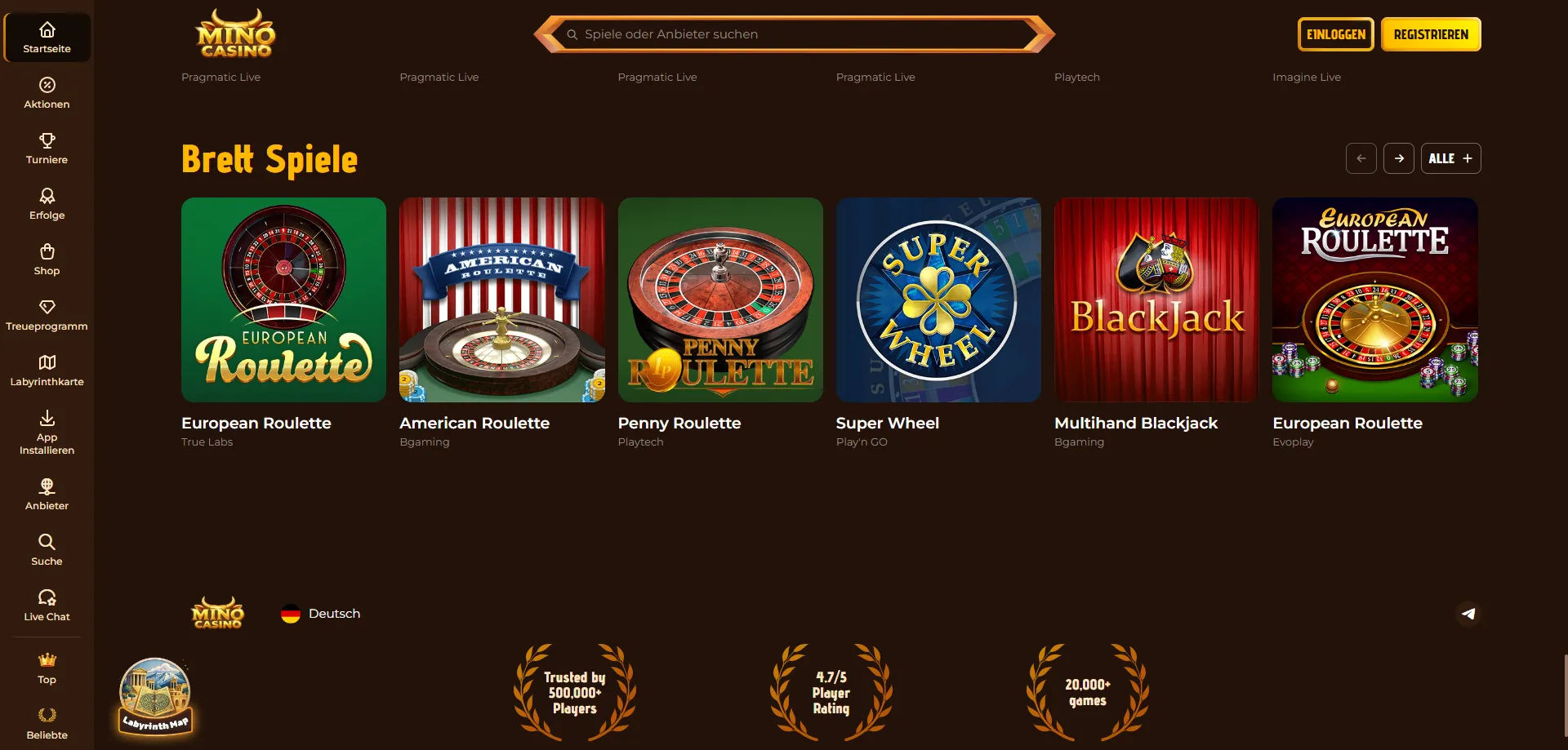 Mino Casino Live-Casino-Tische in der mobilen App